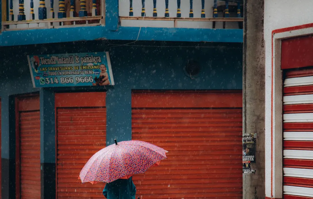 A person under an umbrella on a wet city street.