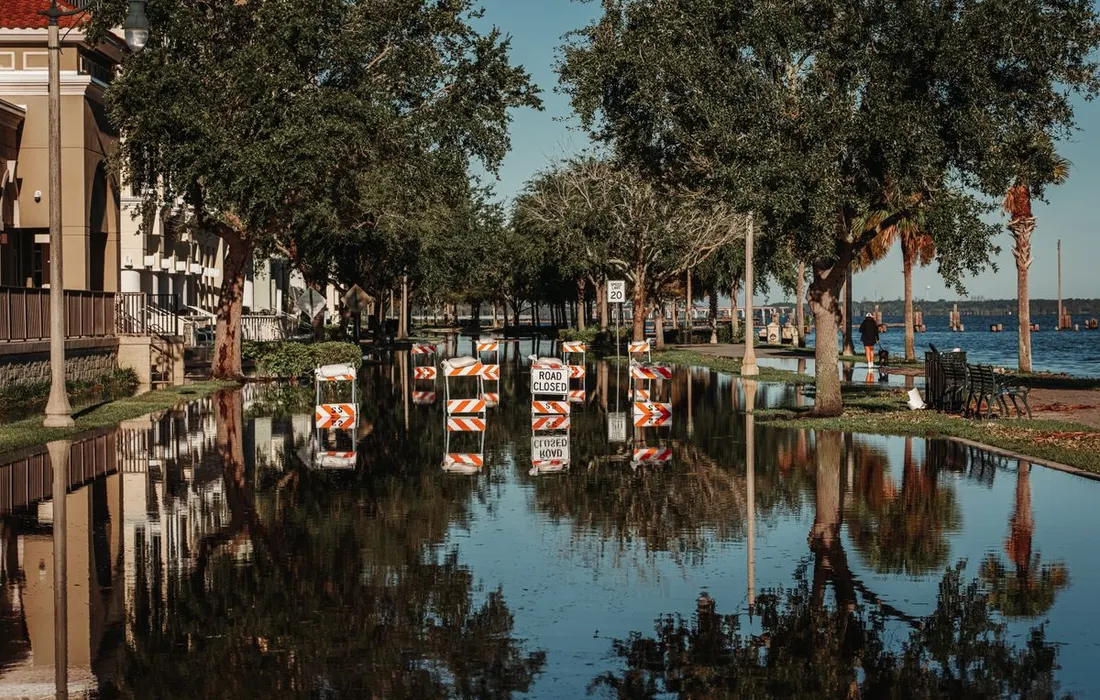 A flooded street with road closed signs reflecting in the water along a tree-lined sidewalk.