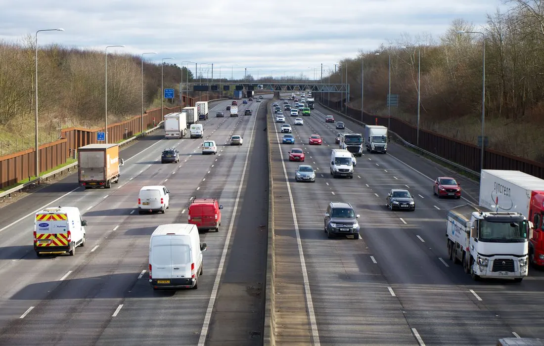 An aerial view of traffic on a motorway in St Albans, England.