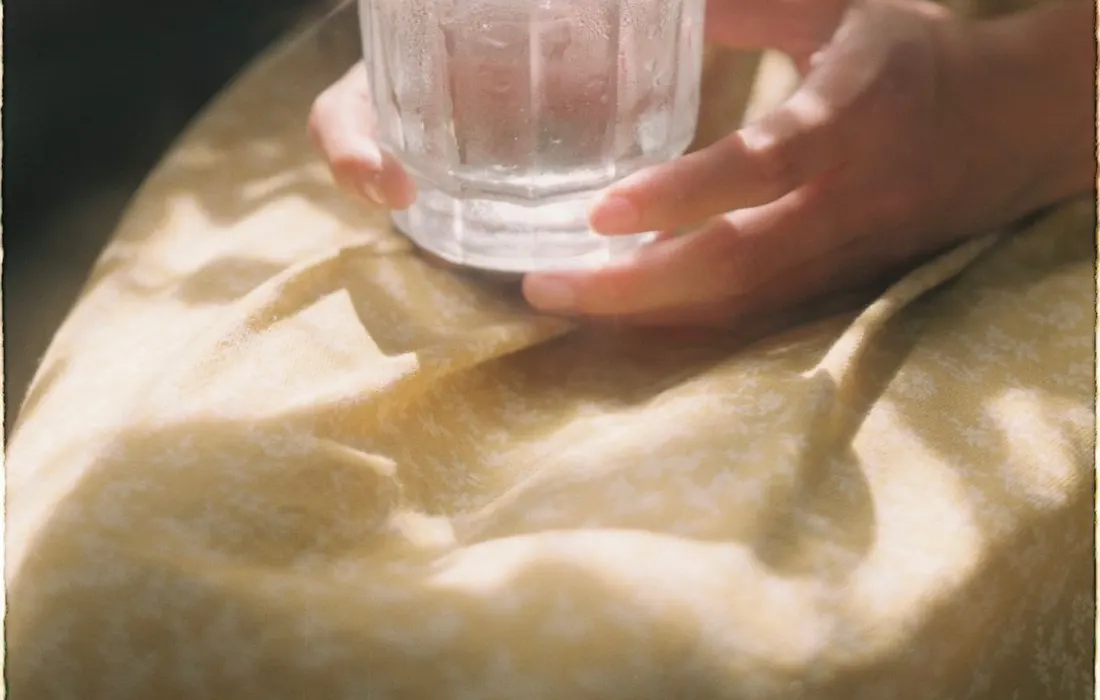 Hands holding a glass of drinking water.