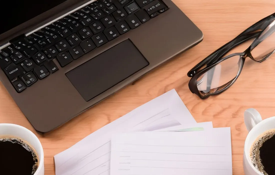 A laptop and printed documents on a desk.