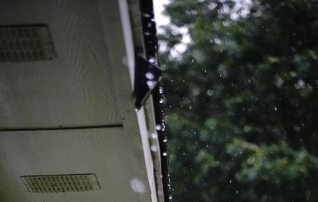 Raindrops falling from a house roof surrounded by lush greenery, capturing a serene rainy day mood.