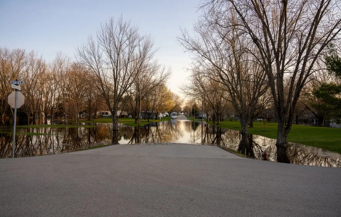 Peaceful spring scene of flooded park area in Wabasha, MN with bare trees reflecting in water.