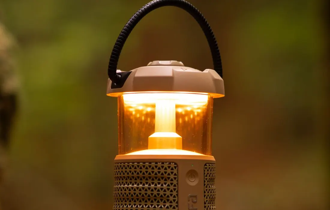 A battery-powered portable lantern illuminating moss in a woodland setting.