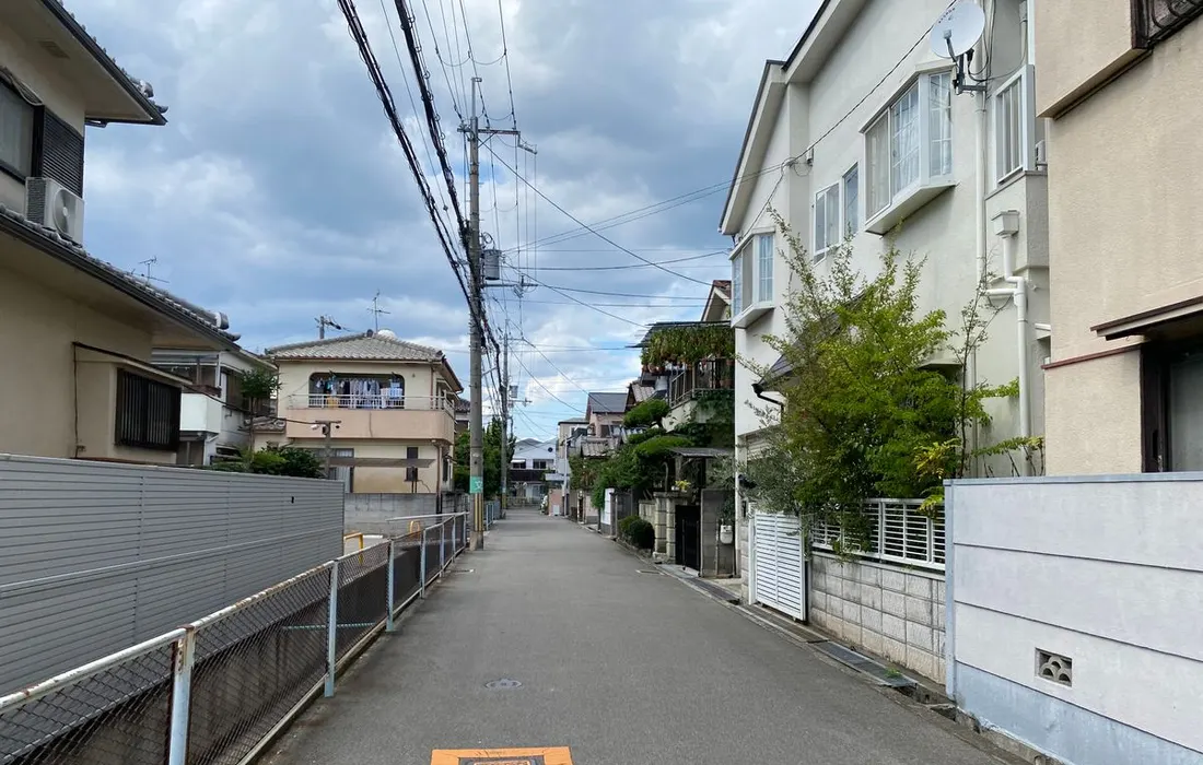 A quiet residential street lined with houses beneath a cloudy sky.