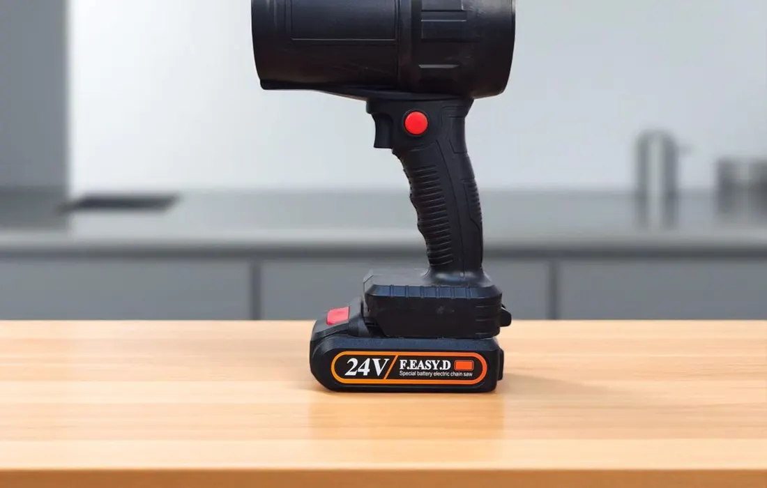 A cordless handheld electric spotlight on a wooden desk.