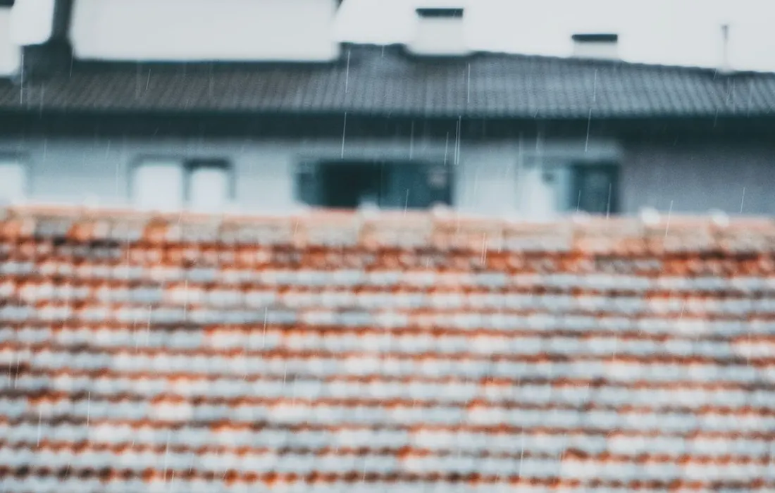 Blurred view of rain falling on a reddish-tiled roof with green bush foreground, evoking a serene rainy day.