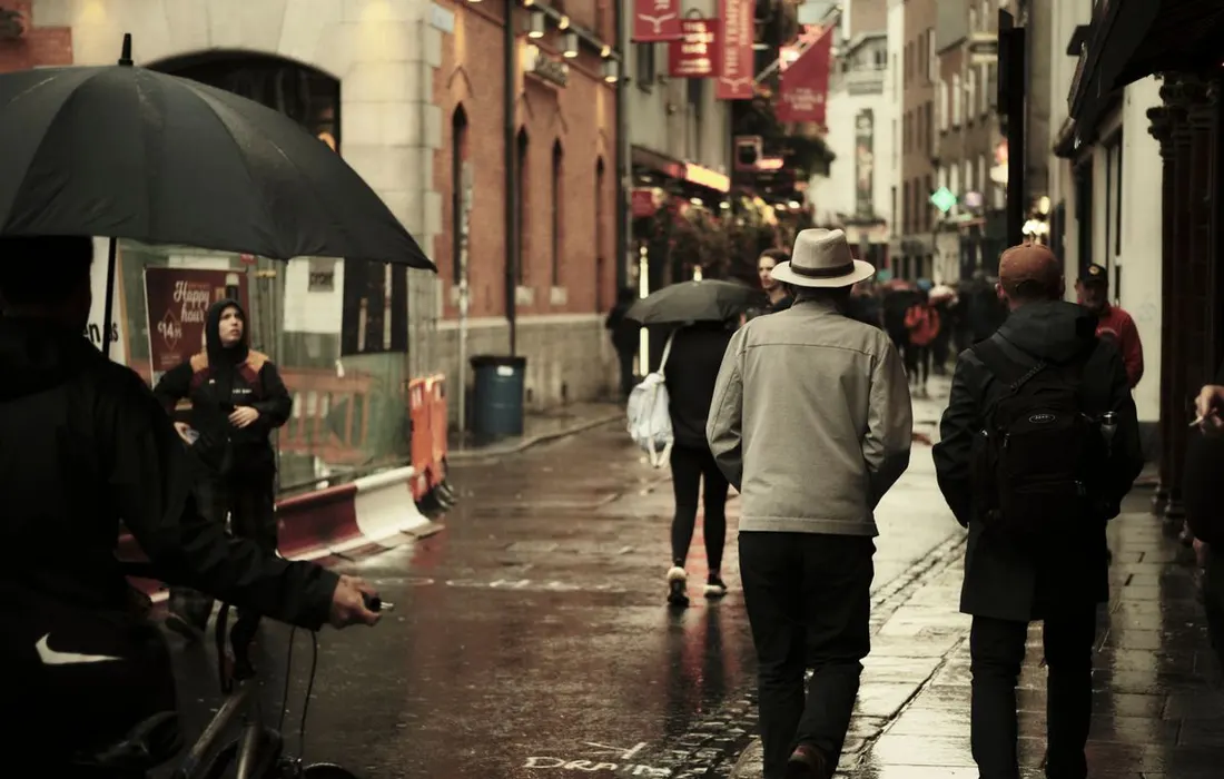Umbrellas on a rainy Dublin street.