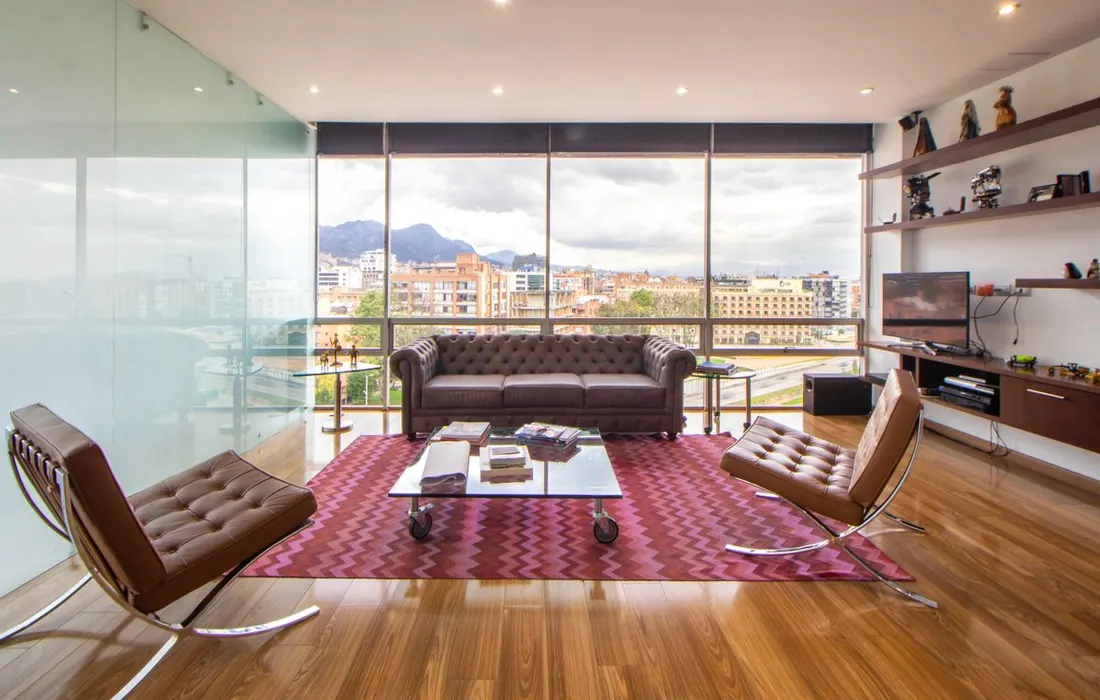 Furniture and a rug in a bright living room with large windows.